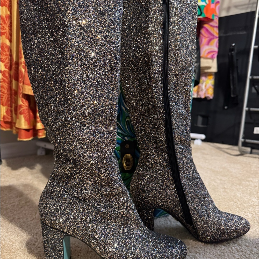 Betsey Johnson Silver Glitter Knee-High Block Heel Boots